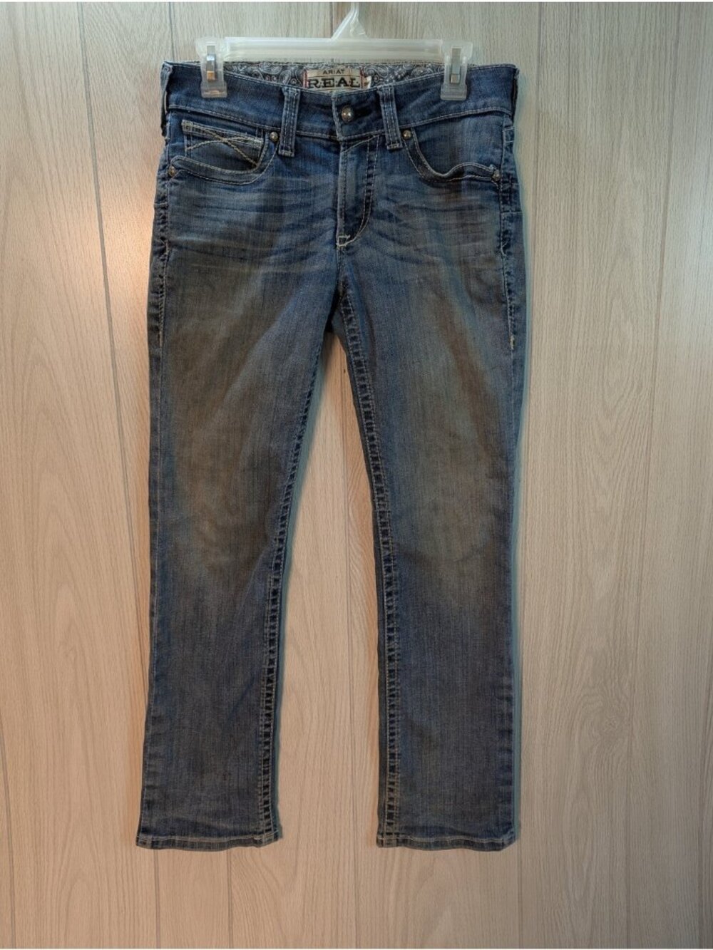 Distroyed Ariat REAL Boot Cut Jeans Womens 28S Medium Wash Rise Western Stain